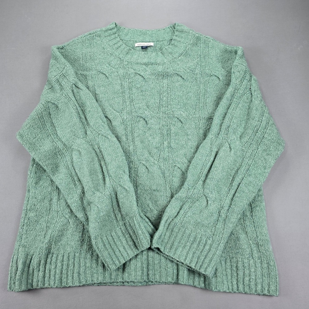 American Eagle Chunky Cable Sage Green Soft Knit Crewneck Sweater - XL